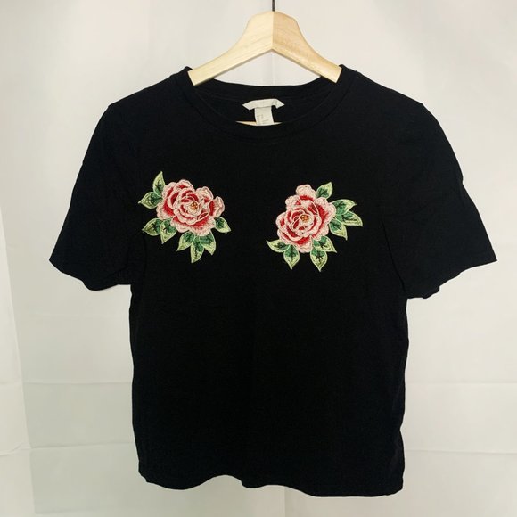 H&M Rose Embroidered T-Shirt Size X-Small Black - Picture 2 of 5